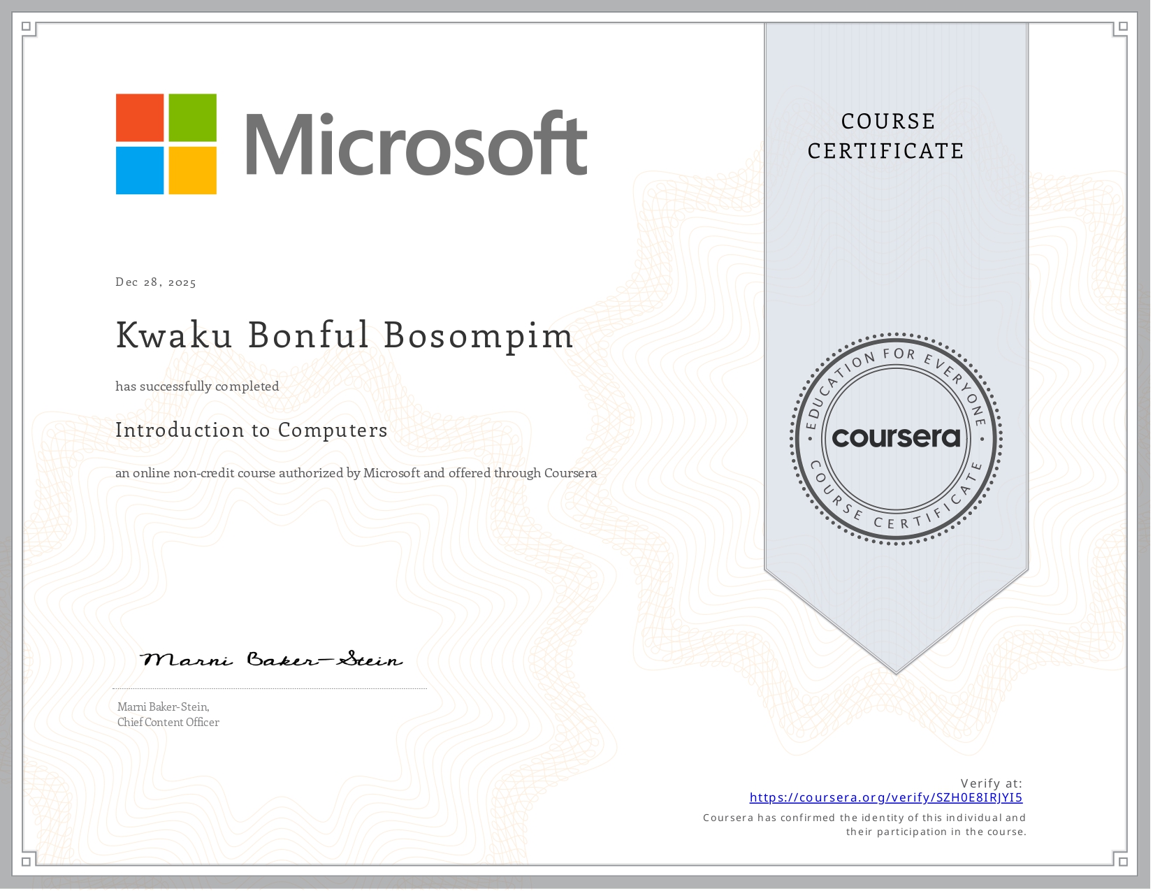 Microsoft Introduction to Computers Certificate